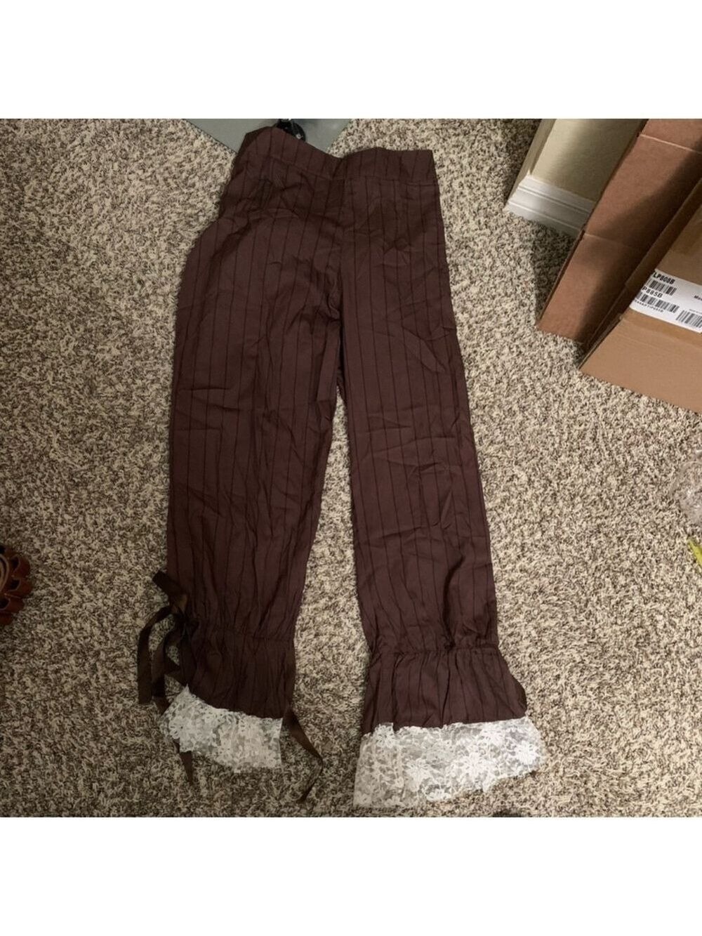 Brown Pin Stripe Lace Trim Corset Ribbon Steampunk Pants - Picture 12 of 16
